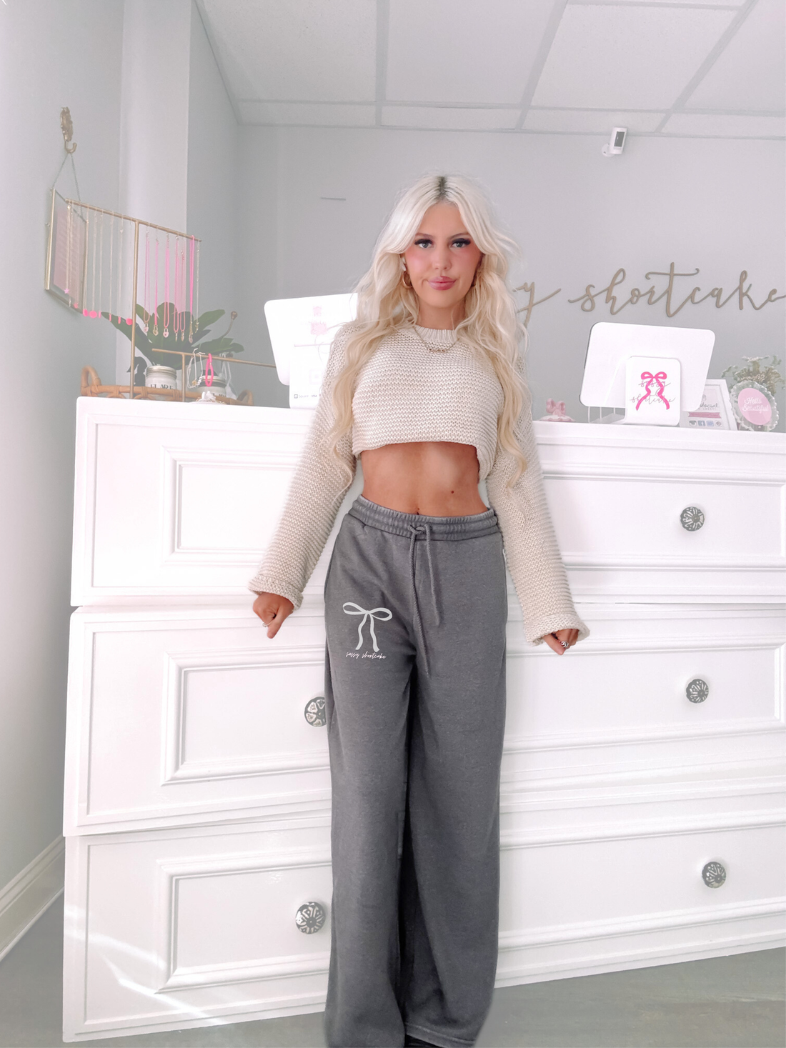 Sassy Bow Wide Leg Sweatpants in grey — cozy wide-leg fit with Sassy Shortcake branding and soft fleece lining