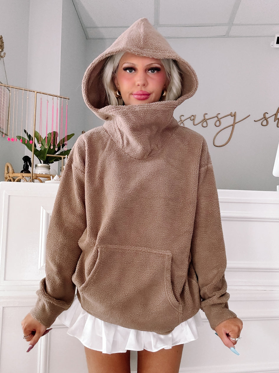 Mauve Hazelnut Haven teddy pullover with oversized hood and kangaroo pocket.
