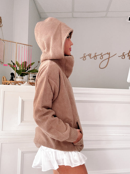 Cozy taupe teddy pullover with a drawstring hood, shown in profile against a white wall.
