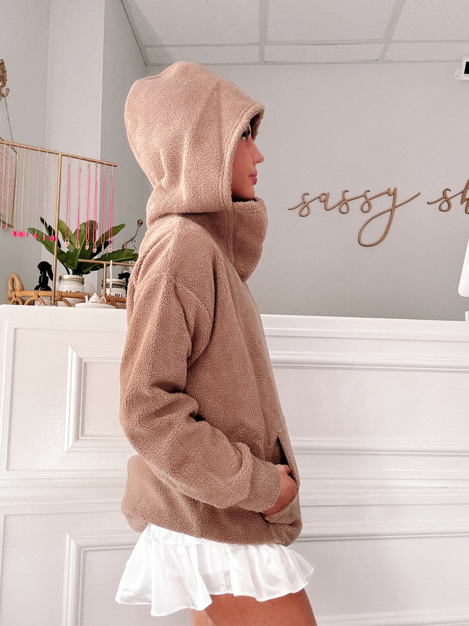 Cozy taupe teddy pullover with a drawstring hood, shown in profile against a white wall.
