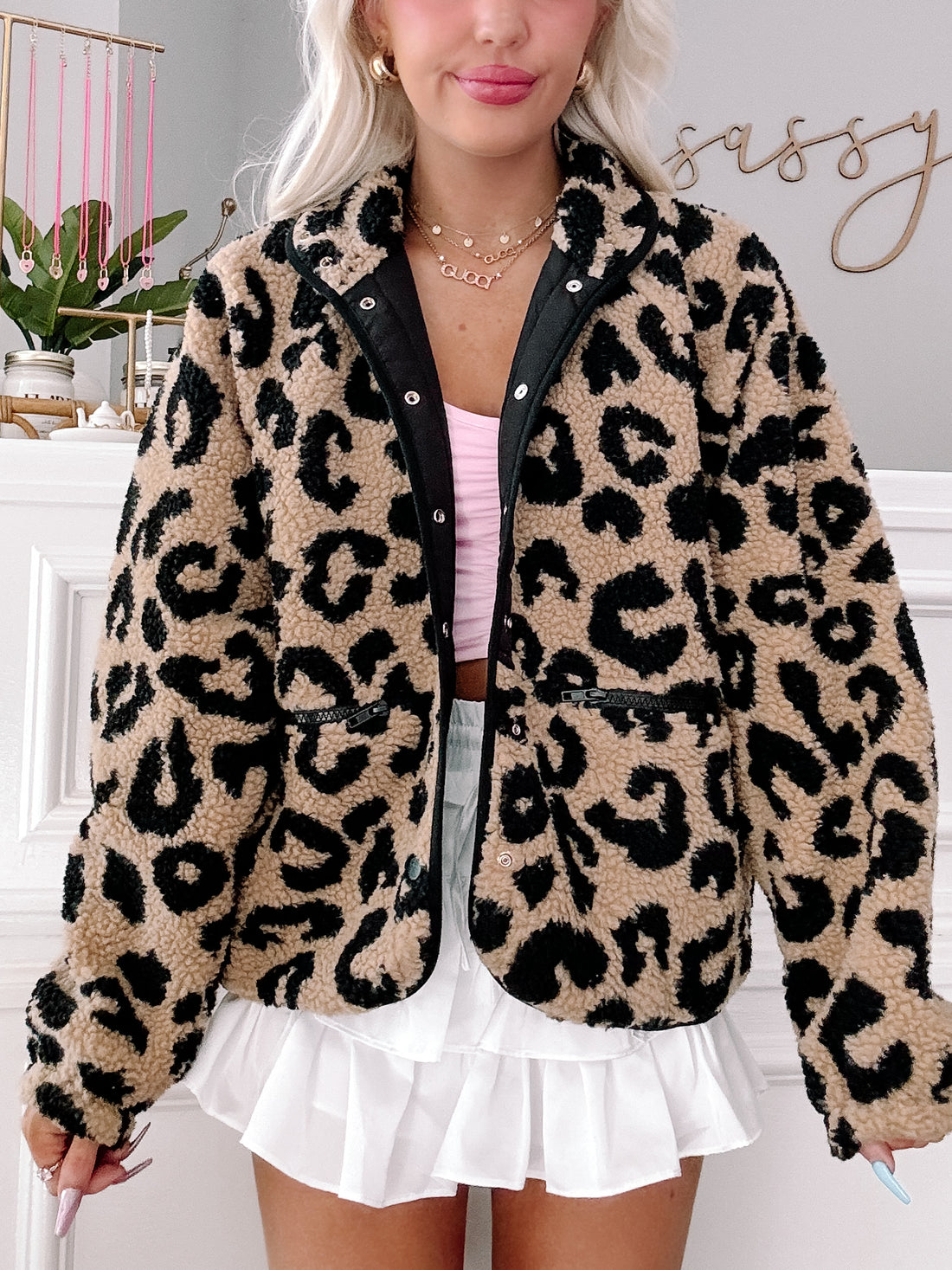 Heartbreaker Jacket in leopard print sherpa fleece
