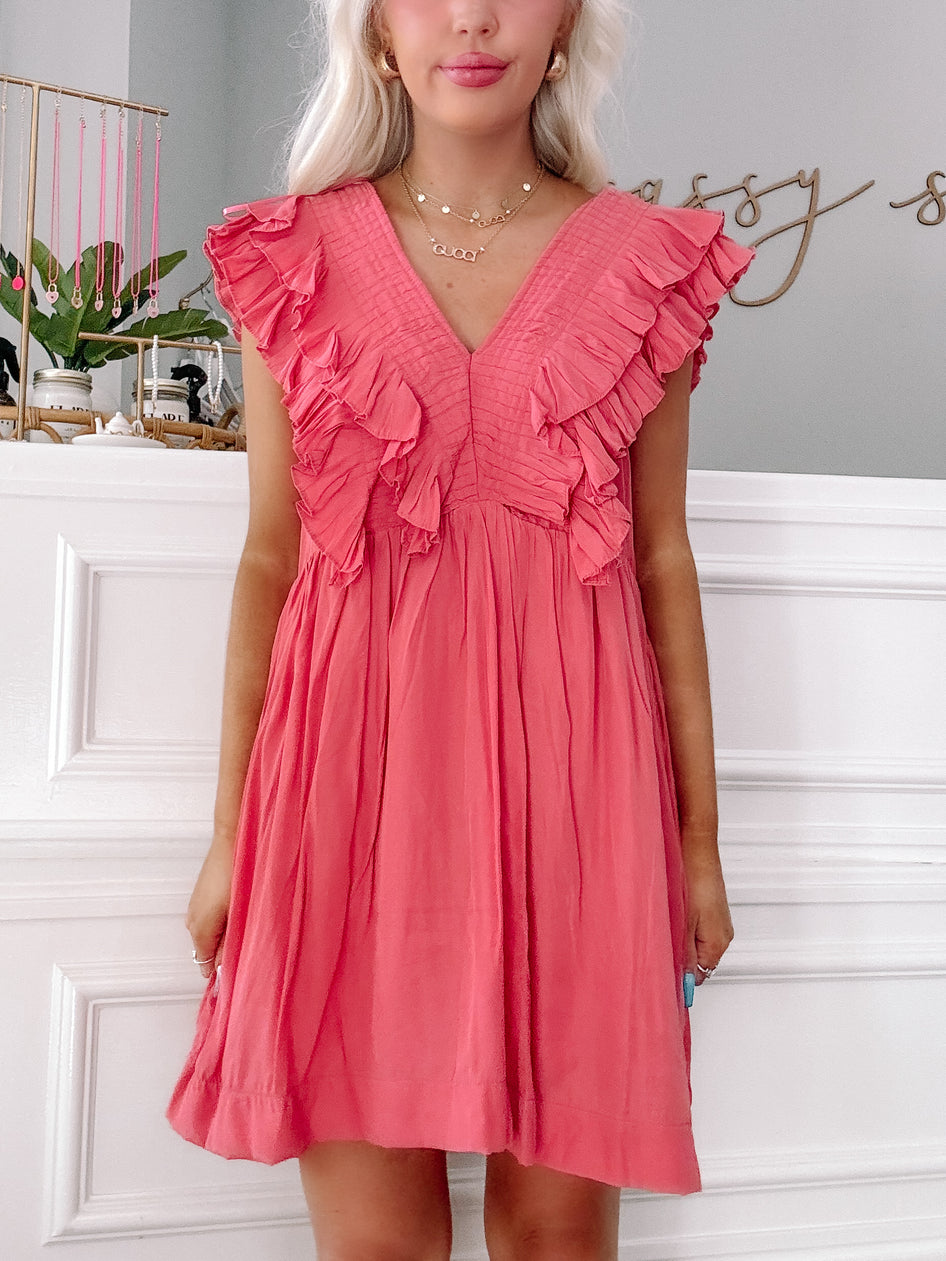 Coral pink Heart Flutter dress, ruffle sleeves, summer style
