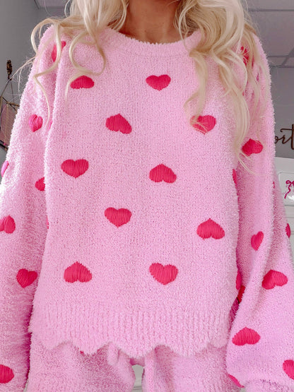 Heart to Get PJ Set by Sassy Shortcake – close-up of fuzzy pink sweater with hot pink heart pattern