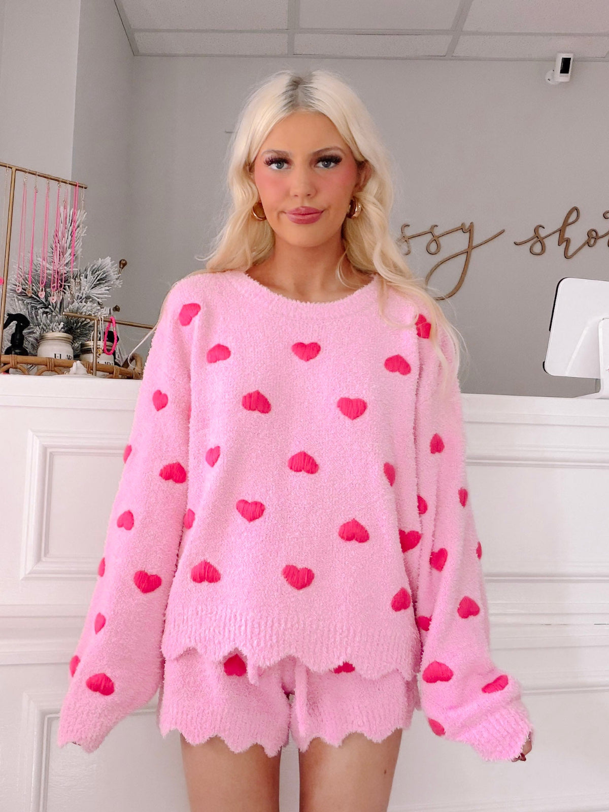 Heart to Get PJ Set by Sassy Shortcake – pink heart pajama sweater and matching shorts front view