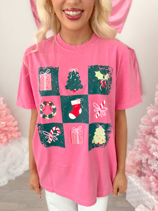 Holiday Board Pink Christmas Tee from Sassy Shortcake close up