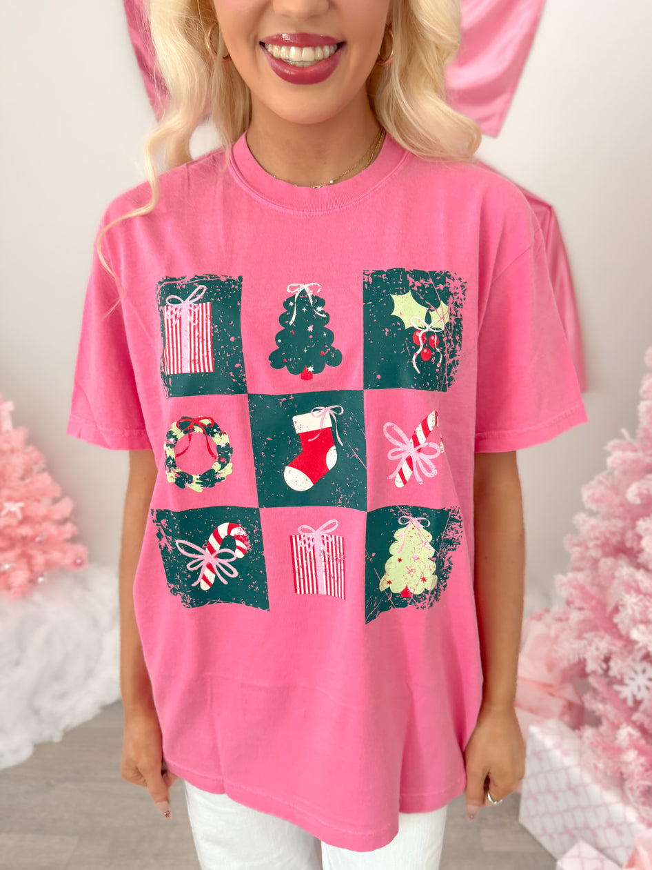 Holiday Board Pink Christmas Tee from Sassy Shortcake close up