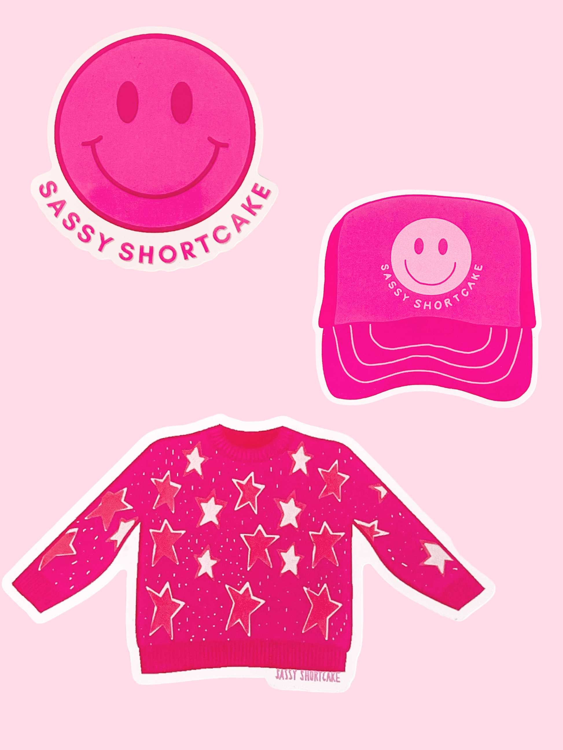 Sassy Shortcake sticker pack: pink smiley face, trucker hat & star sweater design.
