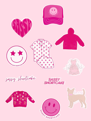 Sassy Shortcake sticker pack: pink apparel, pet, and smiley face designs.
