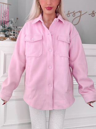 Pink Isla Shacket: Soft, oversized button-down shirt jacket.
