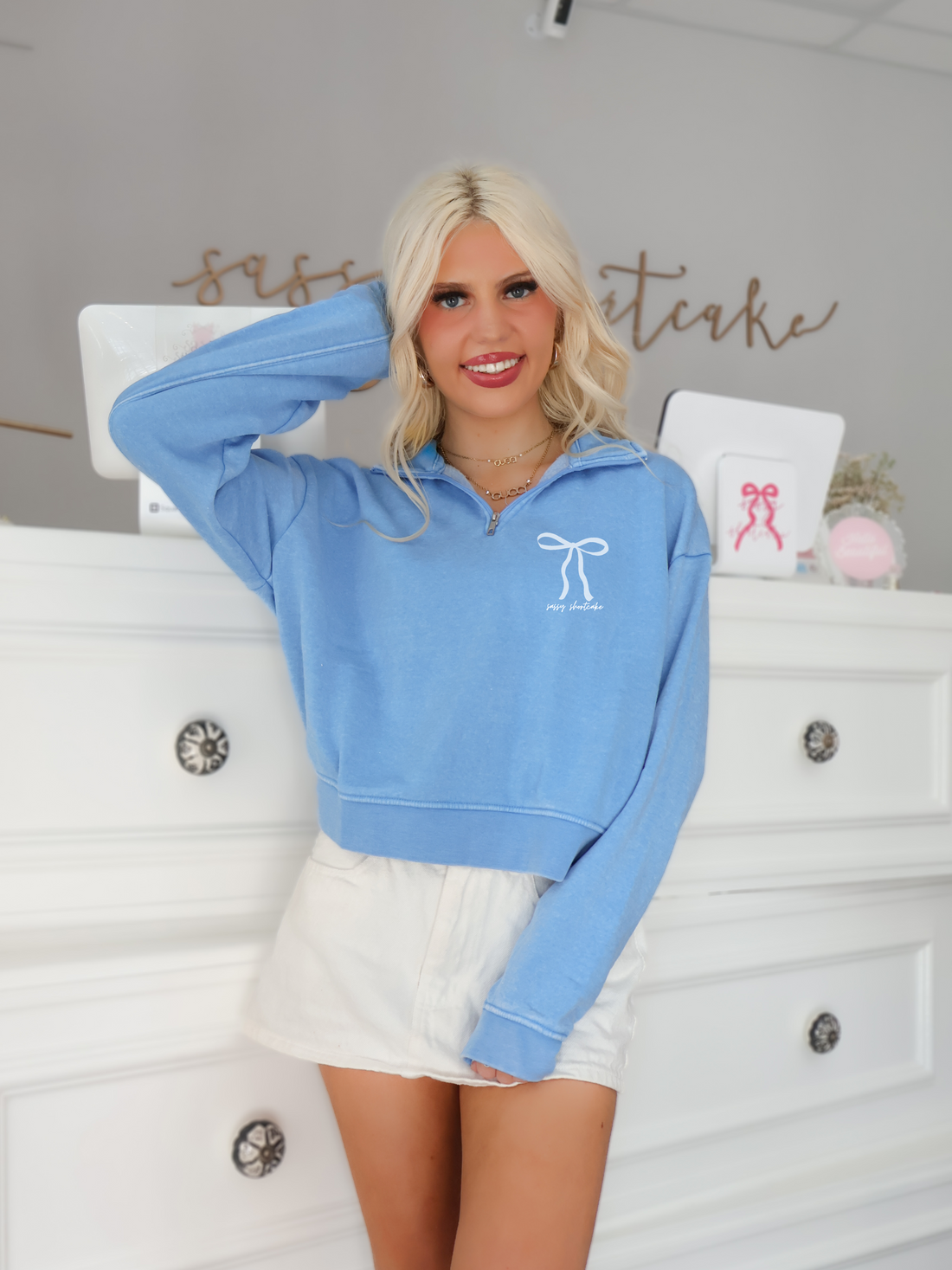 blue bow jules pullover top from sassy shortcake