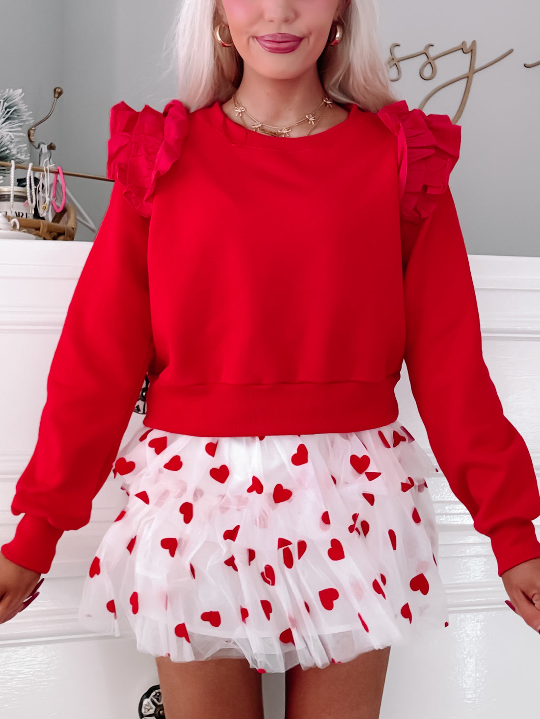 Layers Of Love Heart Skirt: Red heart tulle mini skirt layered for a romantic look.
