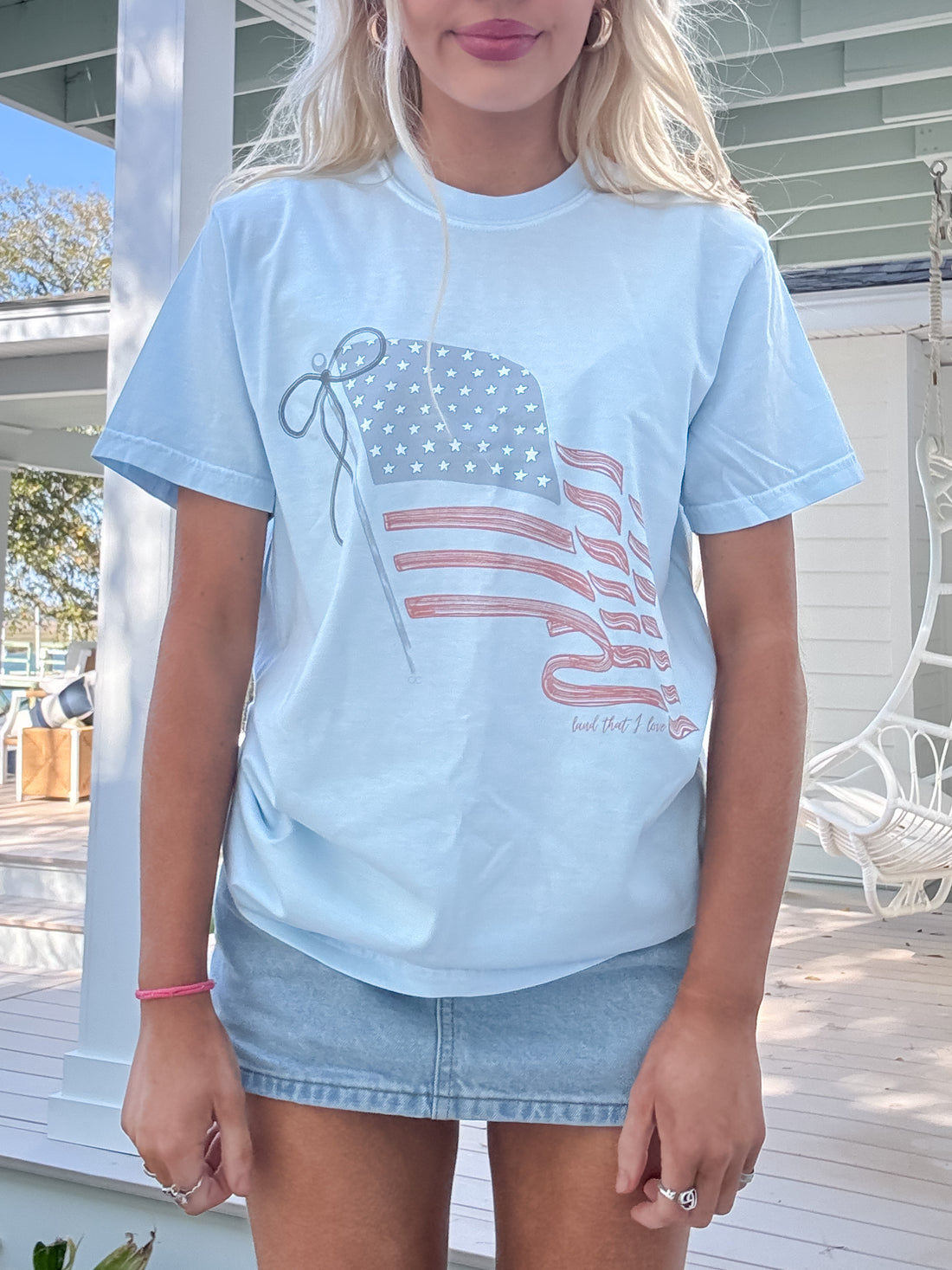 Relaxed fit Liberty Tee with unisex styling and festive flag print