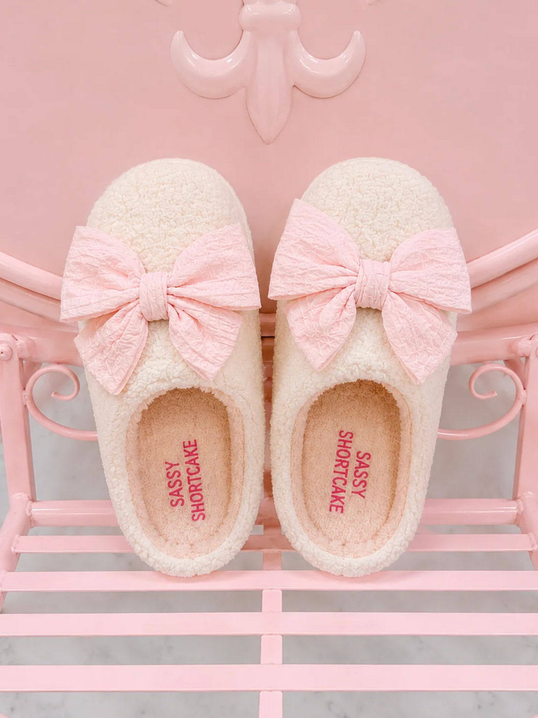 light pink bow slippers from sassy shortcake - preppy pink gift idea