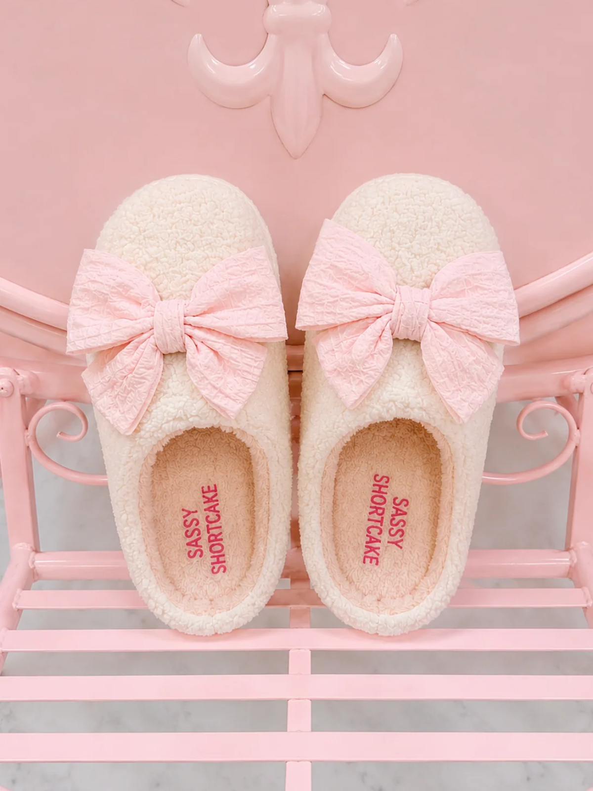 light pink bow slippers from sassy shortcake - preppy pink gift idea