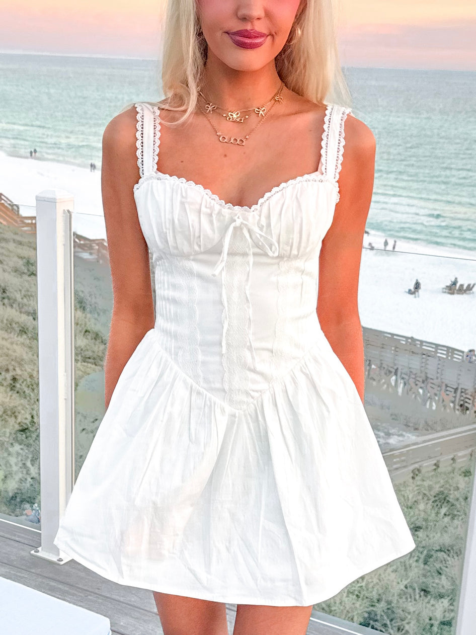 White Liv Corset mini dress with lace trim

