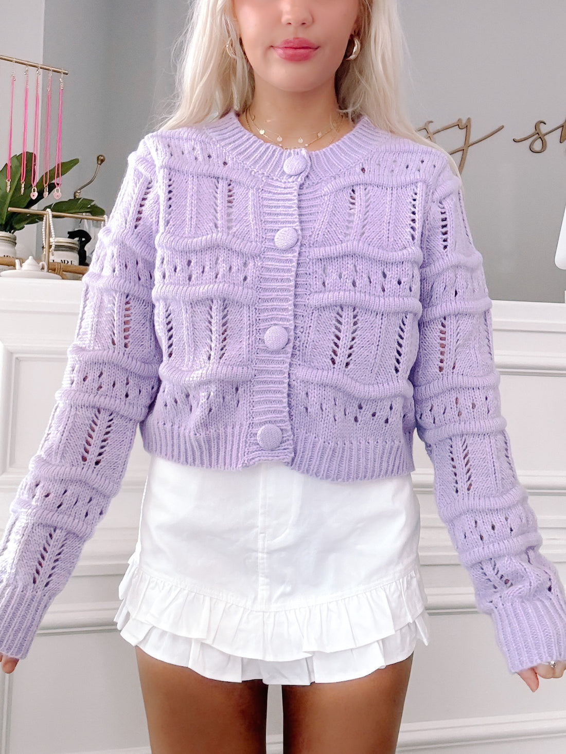 Lavender Lost in Lilac cropped knit cardigan with button closure
