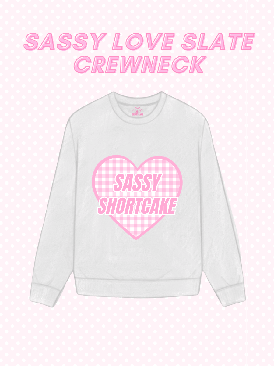 Sassy Love Grey Crewneck from Sassy Shortcake - Light gray sweatshirt with pink checkered heart and text on a light pink background