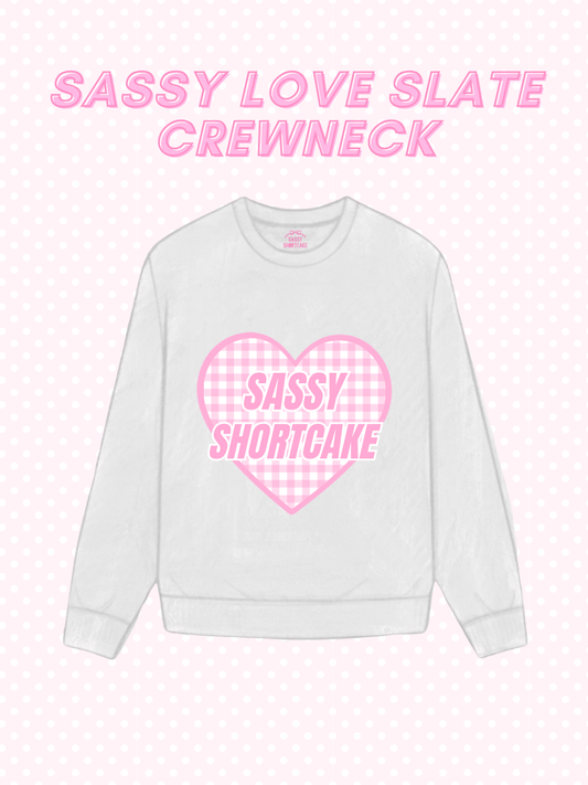 Sassy Love Grey Crewneck from Sassy Shortcake - Light gray sweatshirt with pink checkered heart and text on a light pink background
