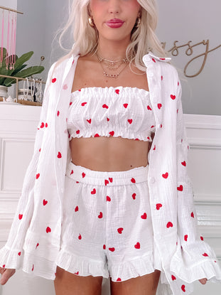 White Love to Lounge Set:  Red heart print shorts & top with matching oversized shirt. Perfect for lounging!
