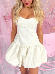 Off-white textured bubble mini dress, sweetheart neckline
