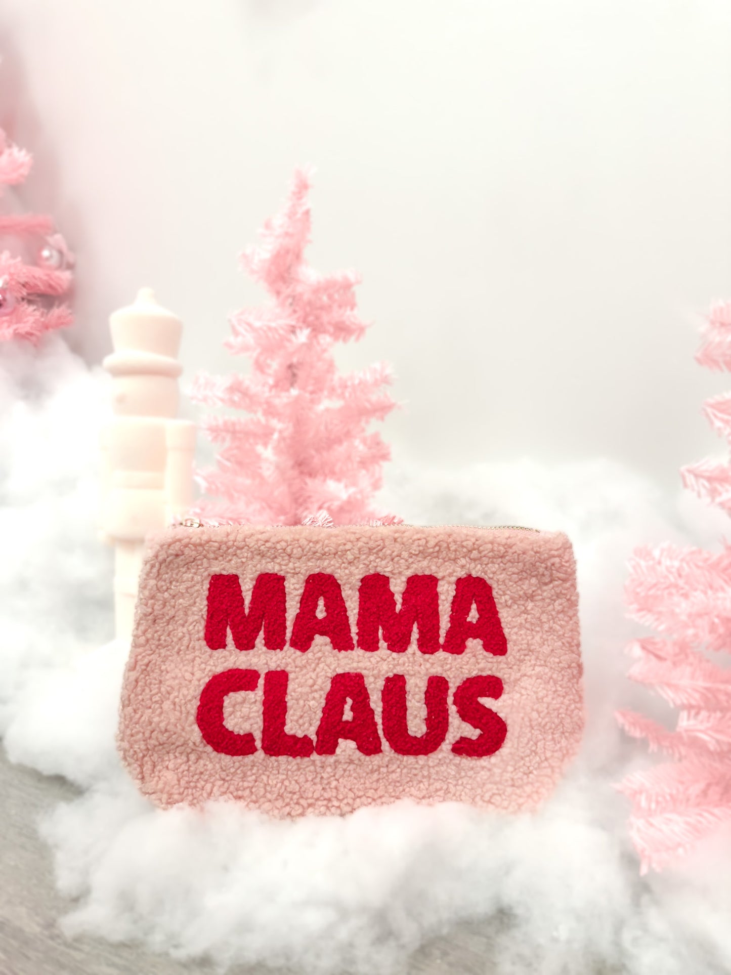 Pink 'MAMA CLAUS' bag with Christmas decorations on a white background from Sassy Shortcake