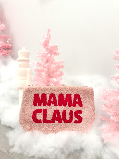 Pink 'MAMA CLAUS' bag with Christmas decorations on a white background from Sassy Shortcake