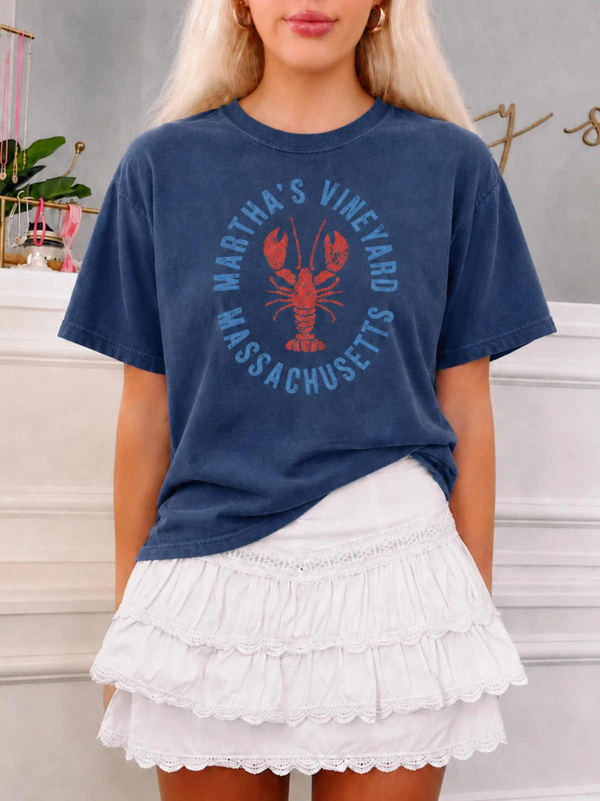Martha's Vineyard Lobster Tee in Navy from Sassy Shortcake