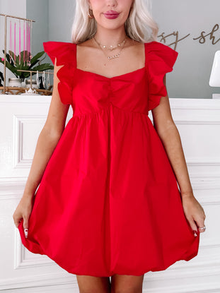 Red Merry Berry bubble mini dress with ruffle sleeves
