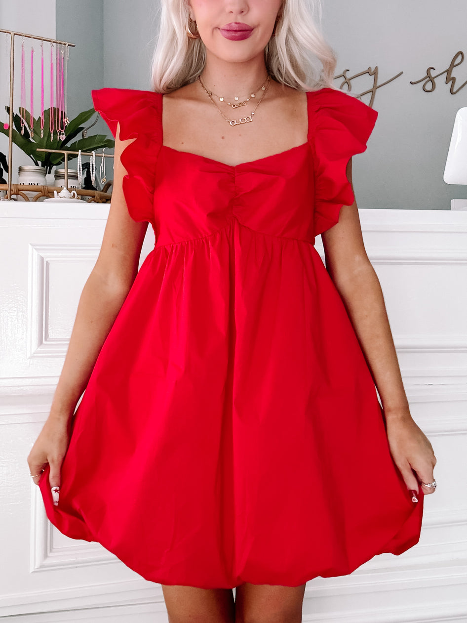 Red Merry Berry bubble mini dress with ruffle sleeves
