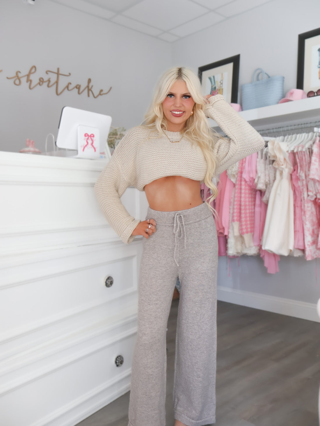 Front view of Mocha Lounge Pants in soft heathered mocha fabric, featuring wide-leg silhouette and comfy waistband | Sassy Shortcake