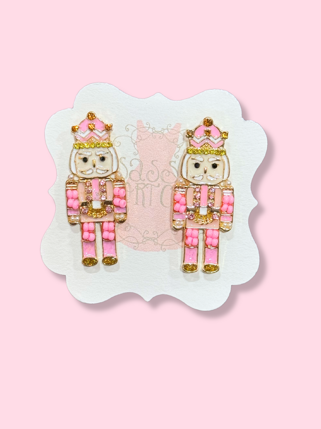 Pink Nutcracker earrings with gold detailing from Sassy Shortcake

