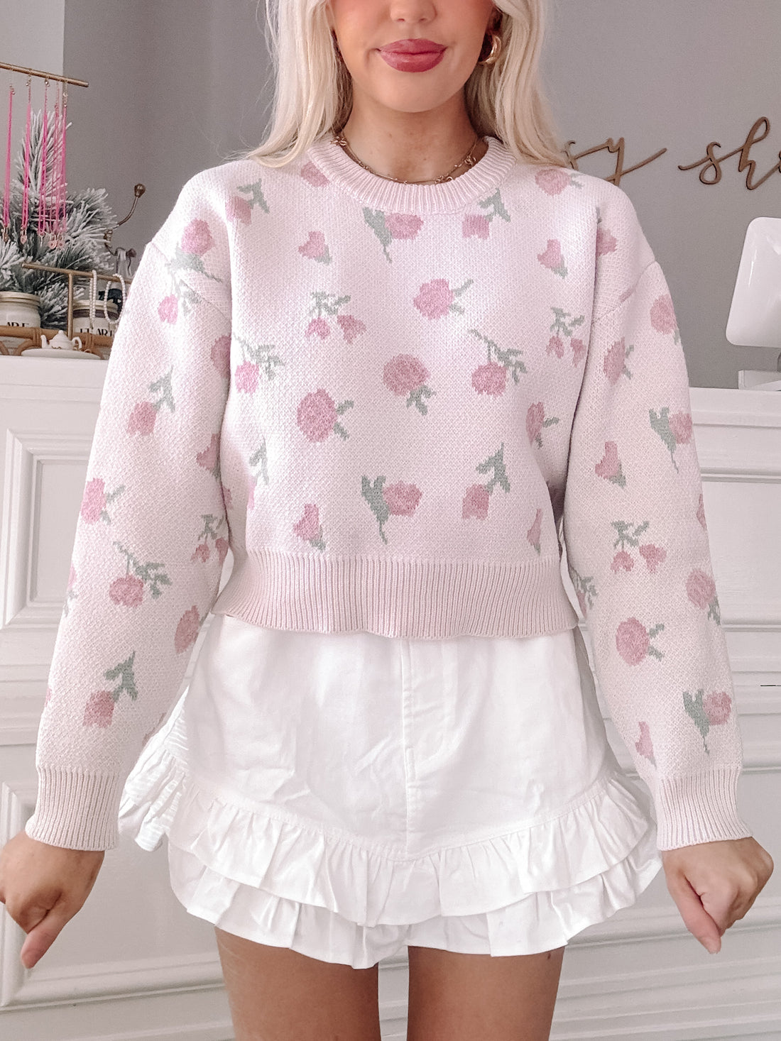 Ophelia floral knit cropped sweater, pale pink with green accents
