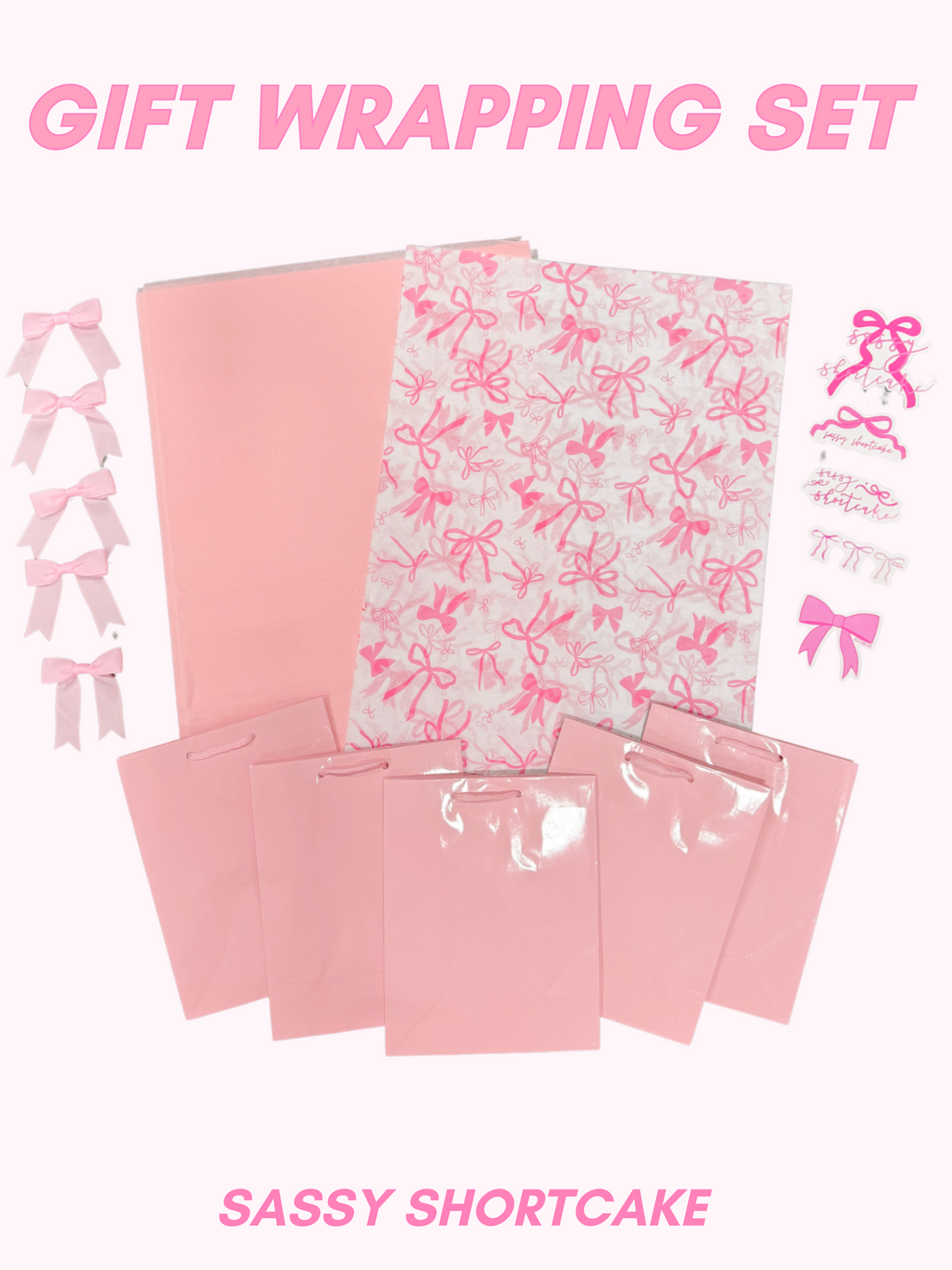 Gift wrapping set with pink and white paper, ribbons, and envelopes on a white background from Sassy Shortcake