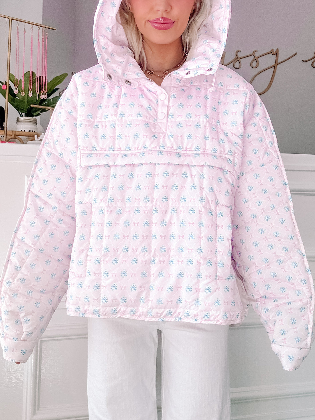 Paige Bow Pullover in floral print: quilted pink jacket with hood from Sassy Shortcake