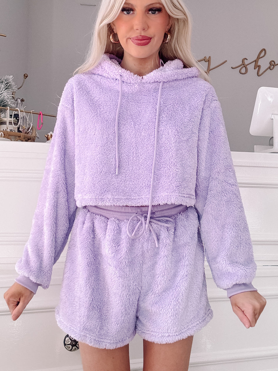 Lavender Peri Plush lounge set: ultra-soft hoodie & shorts
