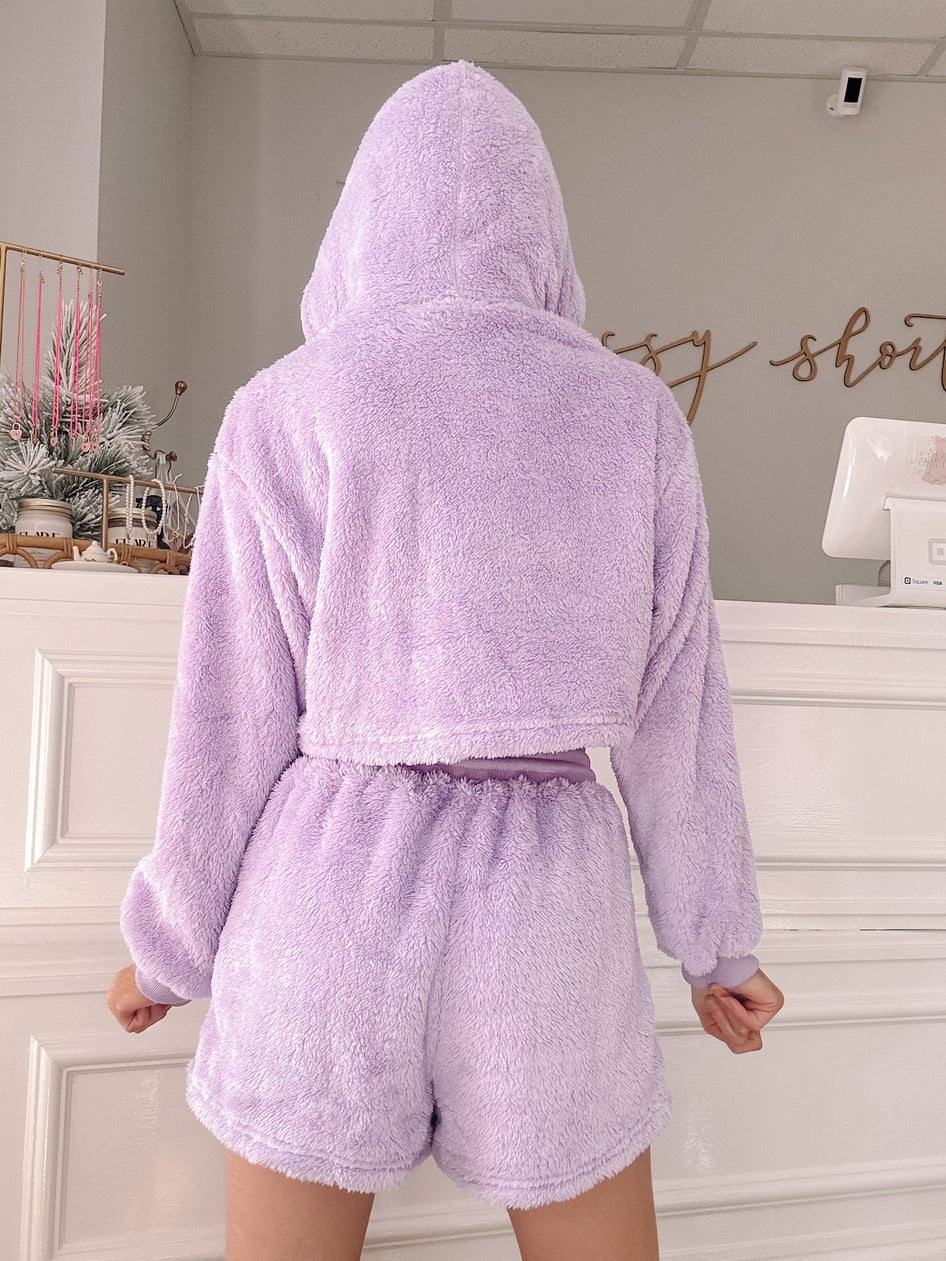 Lavender plush lounge set: cropped hoodie & shorts
