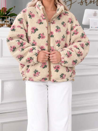 Petal Pusher Floral Sherpa Jacket by Sassy Shortcake, cream teddy zip-up with pink floral print styled with white jeans