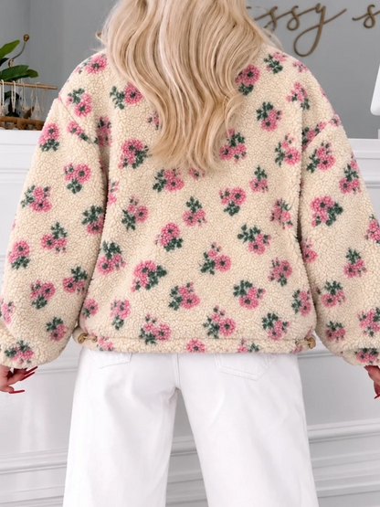 Back view of the Sassy Shortcake Petal Pusher Floral Sherpa Jacket showing the oversized fit and pink floral print