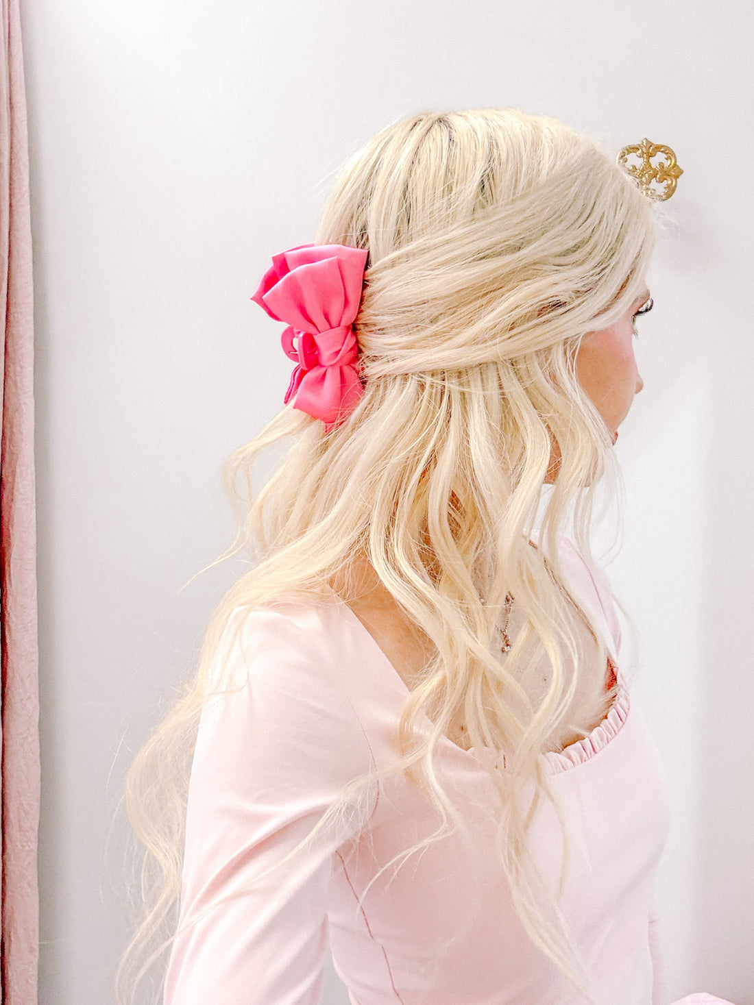 Pink Satin Bow Hair Clip by Sassy Shortcake – pink satin bow hair clip shown with other bow clips on display tray