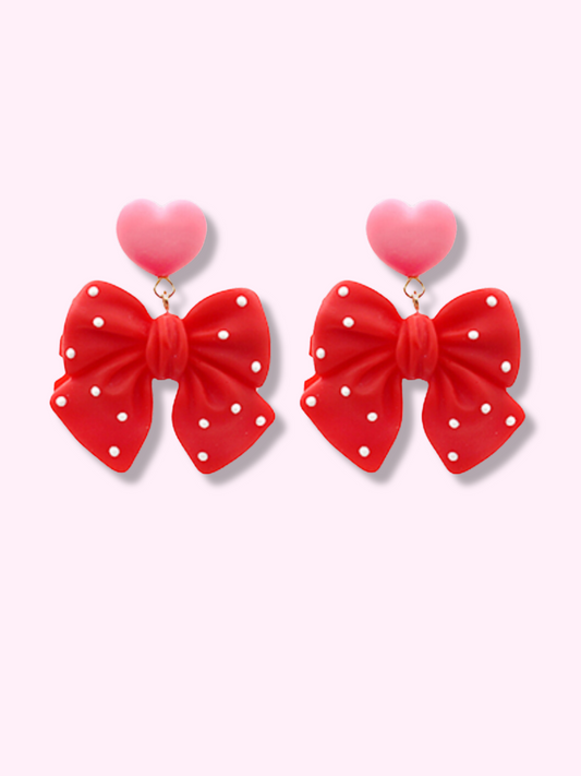 Polka Heart Bow Earrings in red with pink heart accents from Sassy Shortcake
