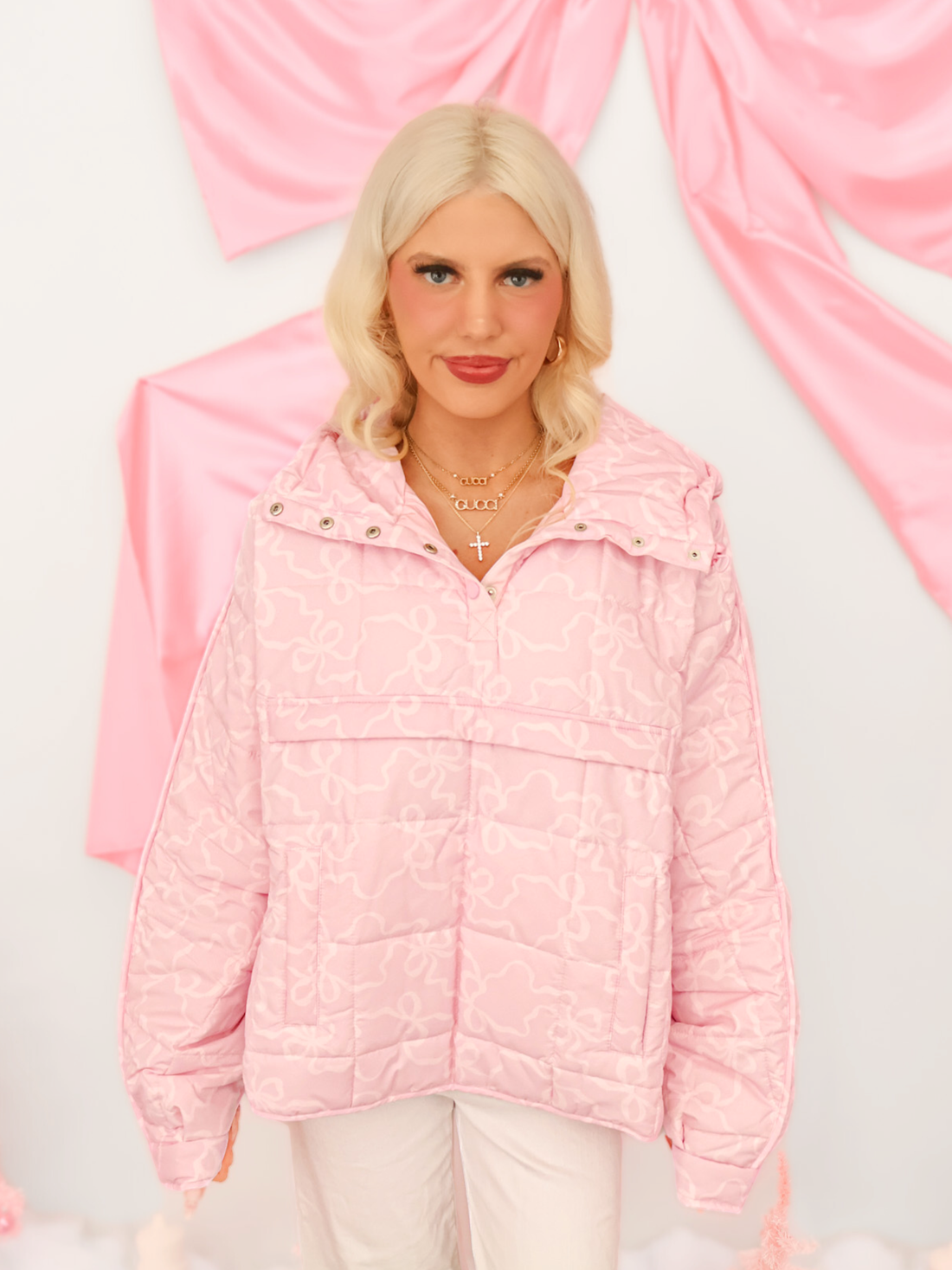 Presley Bow Pullover by Sassy Shortcake—pink quilted pullover with bow print and zip collar