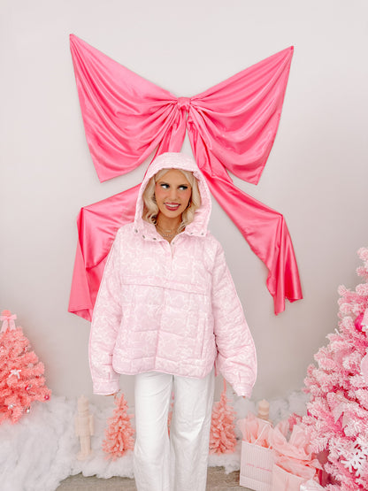 Presley Bow Pullover — Sassy Shortcake model pose showing cozy quilted texture and length
