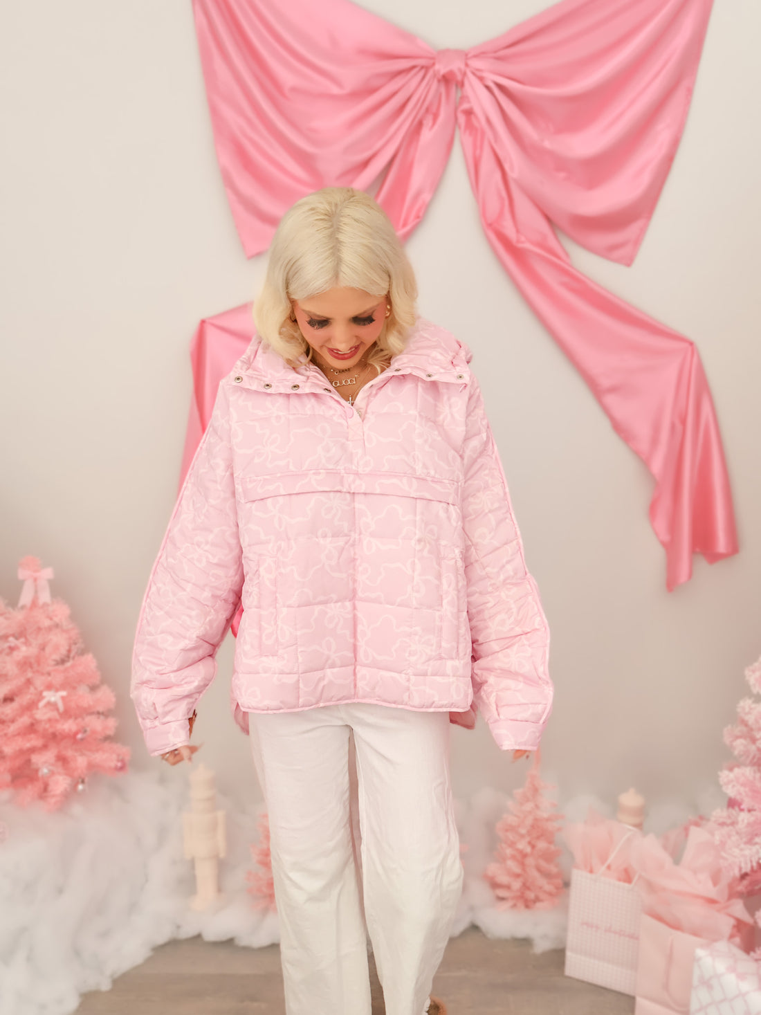 Presley Bow Pullover by Sassy Shortcake—hooded pink jacket styled with white denim, cuffed sleeve