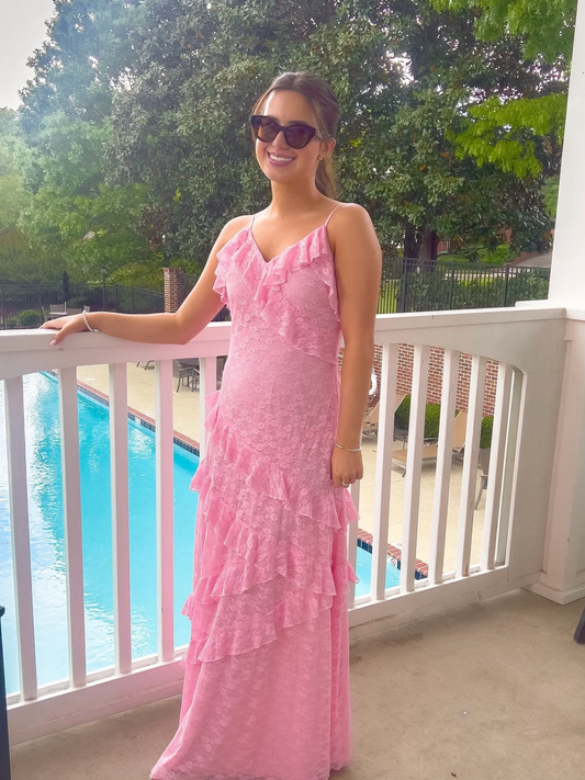 Pretty in Pink Lace Dress from Sassy Shortcake featuring a pink lace overlay, adjustable spaghetti straps, sweetheart neckline, and cascading tiered ruffle maxi skirt.
