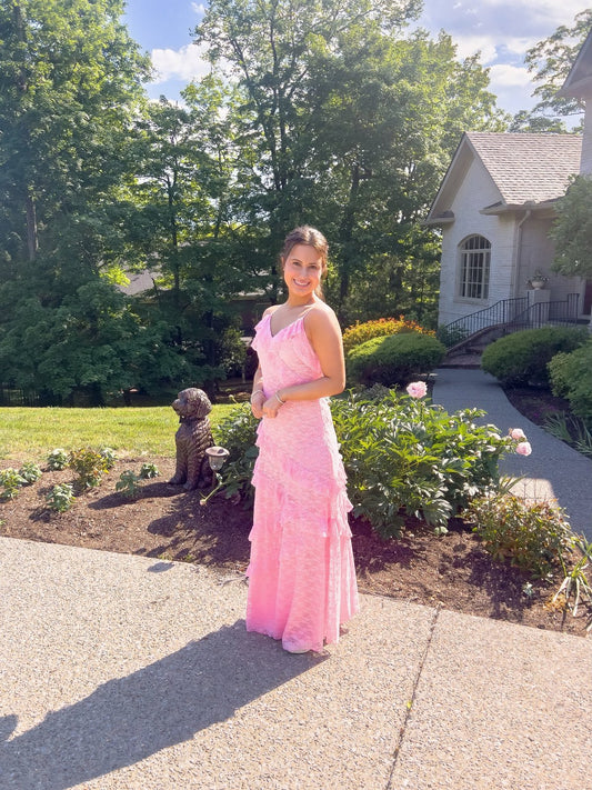 Pretty in Pink Lace Maxi Dress from Sassy Shortcake featuring a pink lace overlay, and adjustable spaghetti straps
