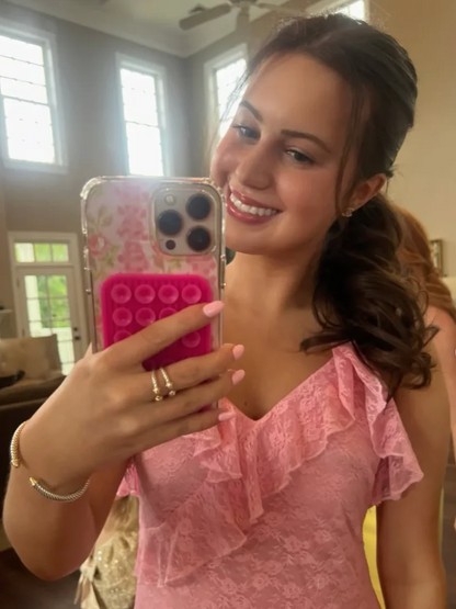 Pretty in Pink Lace Maxi Dress from Sassy Shortcake featuring adjustable spaghetti straps, sweetheart neckline, and cascading tiered ruffle maxi skirt.