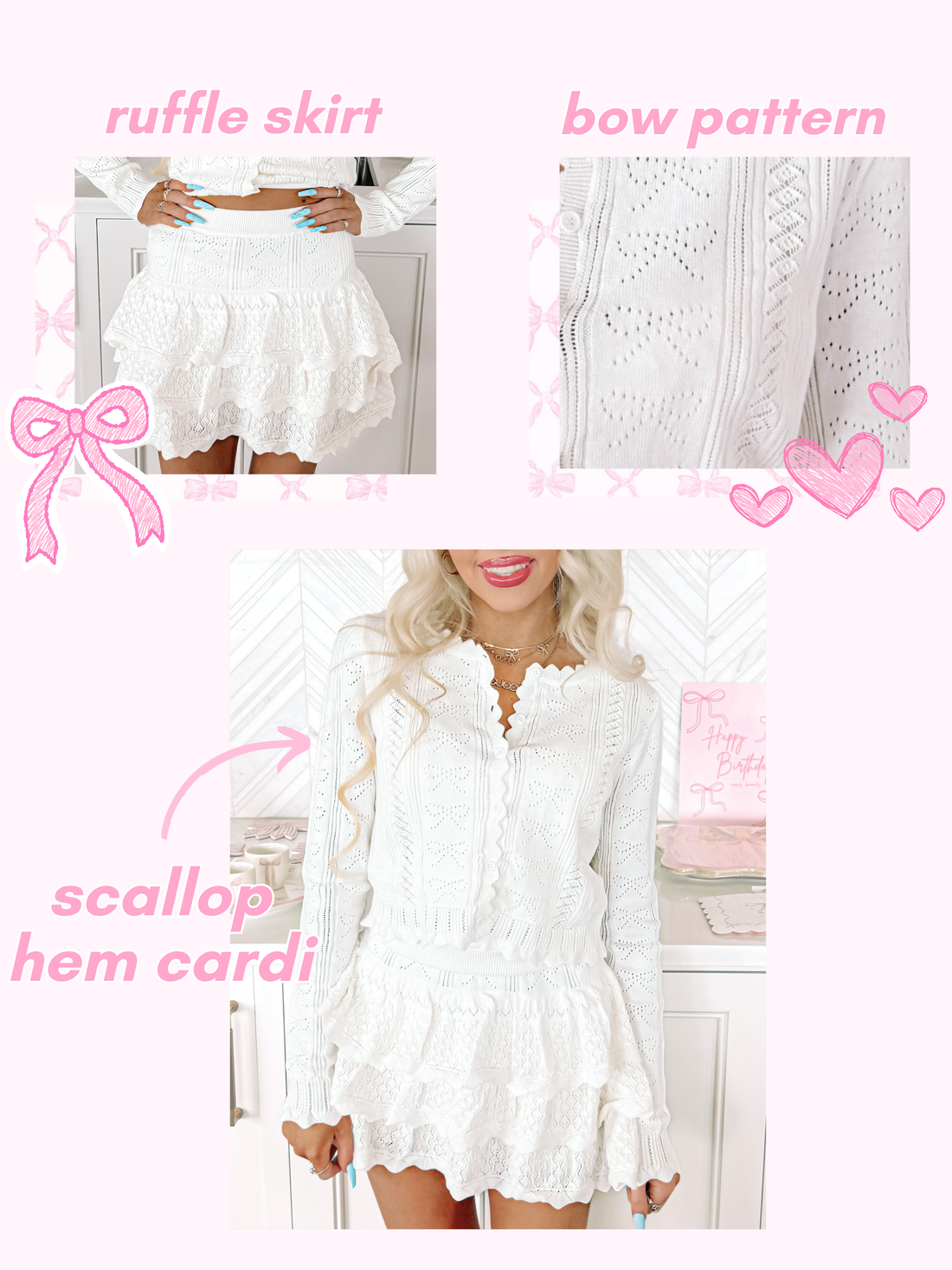 White pointelle knit cardigan and ruffle mini skirt set; scalloped hem details.
