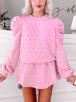 Pink quilted sweatshirt and skirt set, puff sleeves, comfortable loungewear
