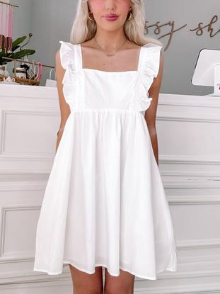 White Raelynn Ruffles mini dress with ruffle shoulder straps
