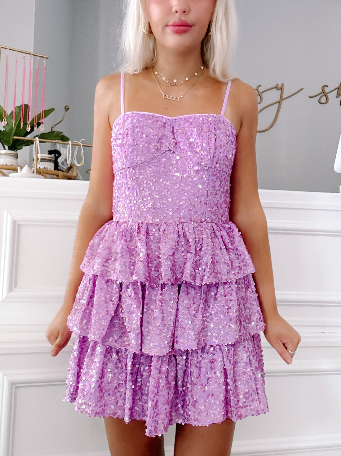 Lavender sequin Rapunzel ruffle mini dress
